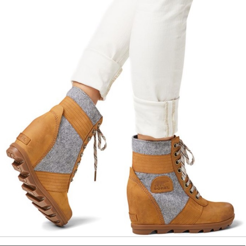 New! Sorel Lexie Wedge Lace Up Waterproof Leather Felt Boot - Camel Brown & Gray - Picture 8 of 11